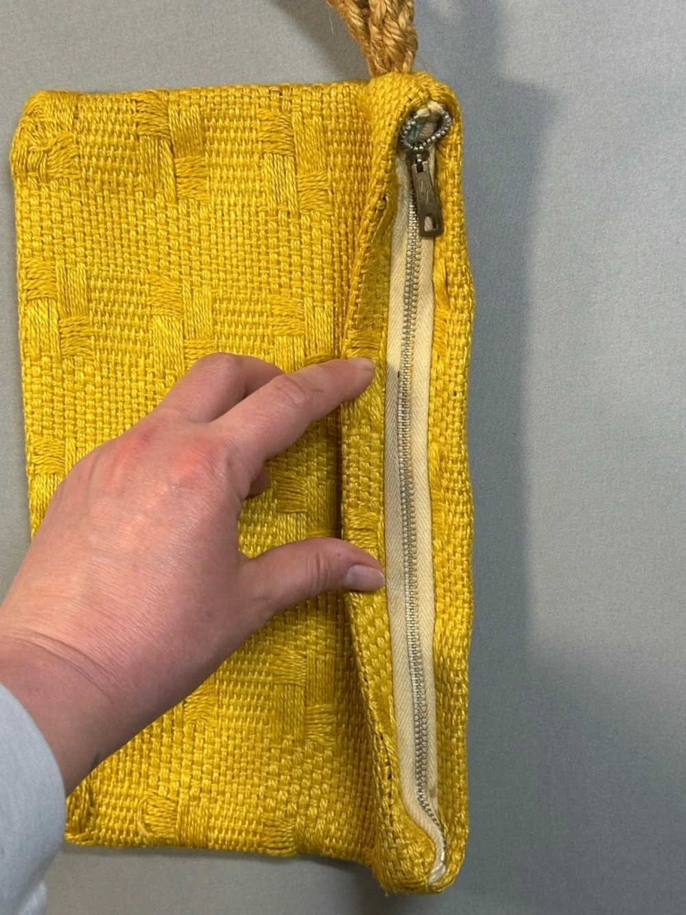 Woven Zipper Wristlet Clutch w/ Rope Handle - Mustard Yellow, Lined